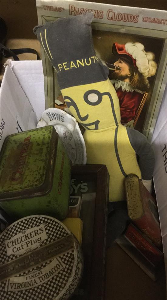 Tobacco advertising items to include 2 Taddys cigarettes display cases and Mr Peanut toy